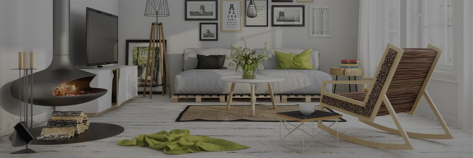 A Scandinavian-style living room with a hanging fireplace, a pallet sofa, a rocking chair, and framed art on the walls.