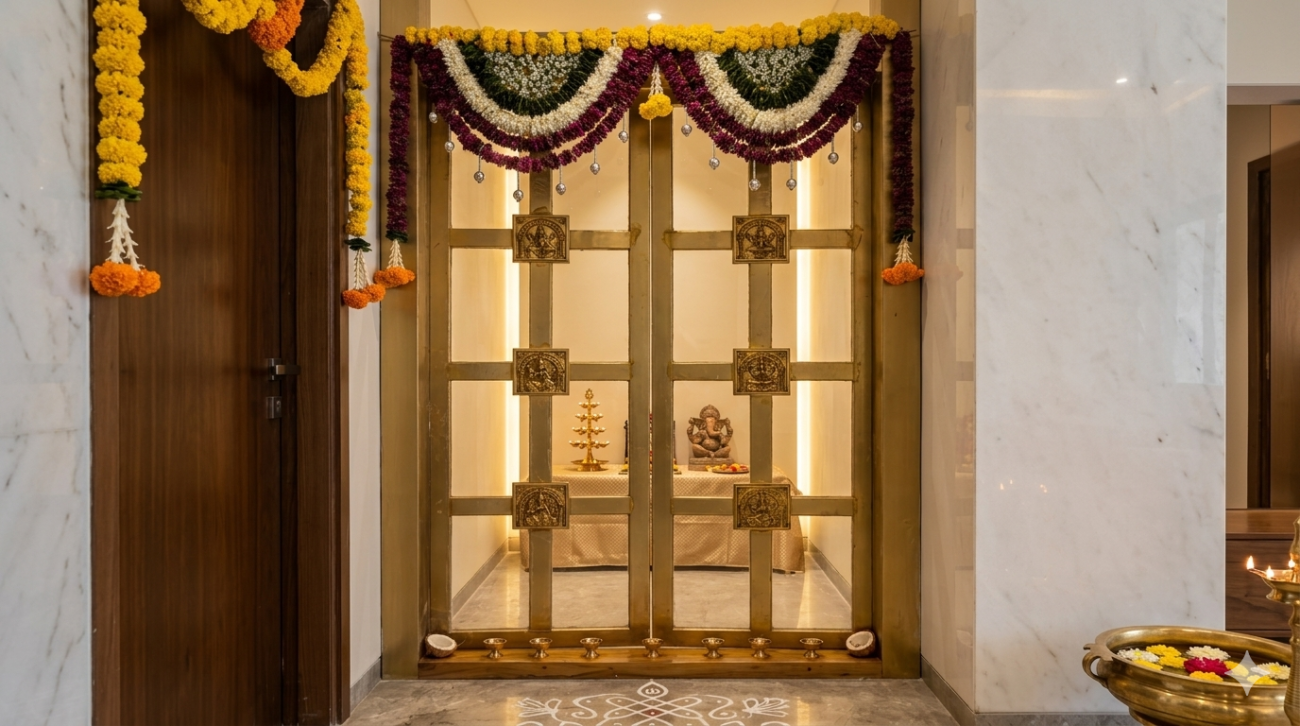 Oversized Mirror-Polished Brass Pooja Door