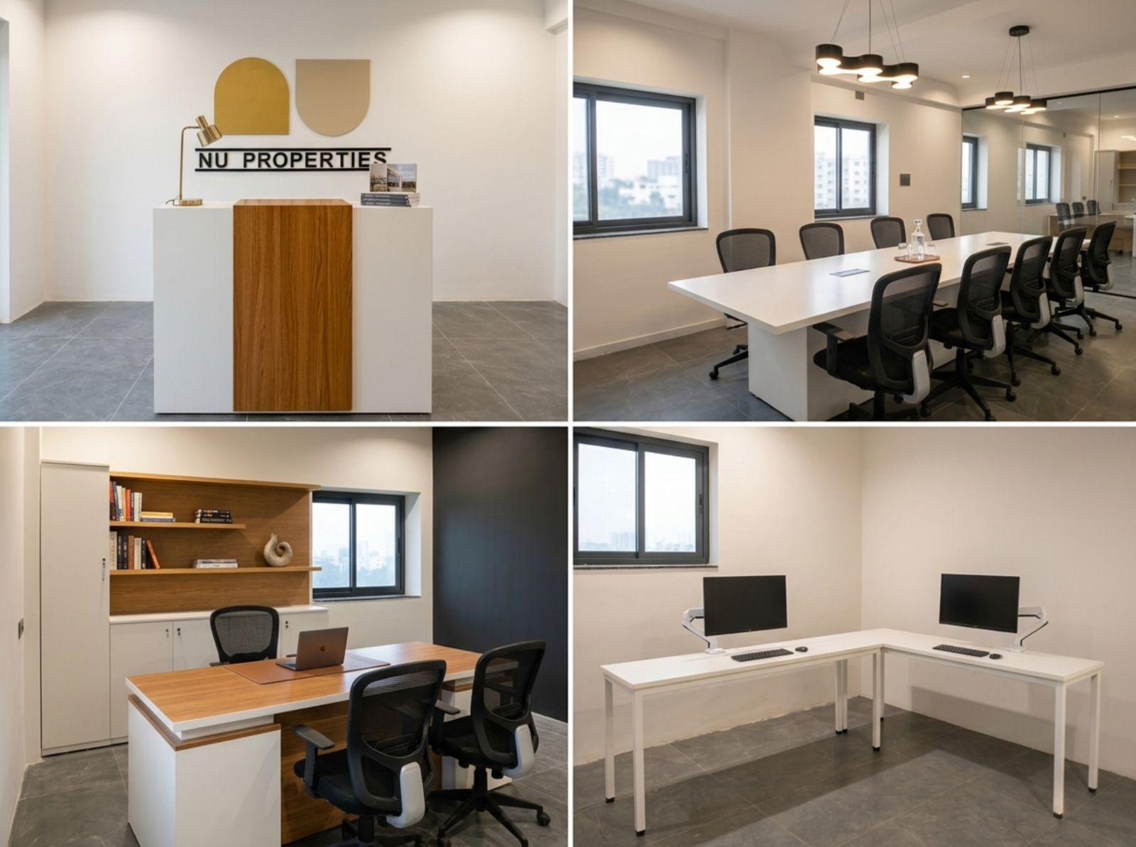 A collage of four photos showing a modern office: a reception desk with "NU PROPERTIES" logo, a large conference room, an executive office with wood accents, and a minimalist L-shaped white workstation.